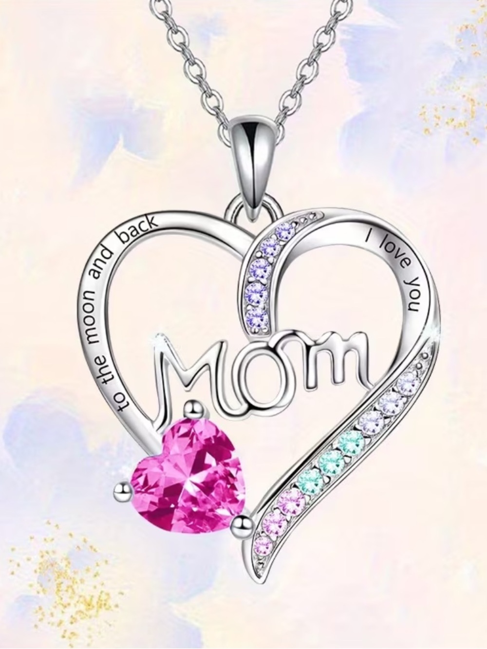 Silver Mom' Heart Pink Pendant Necklace